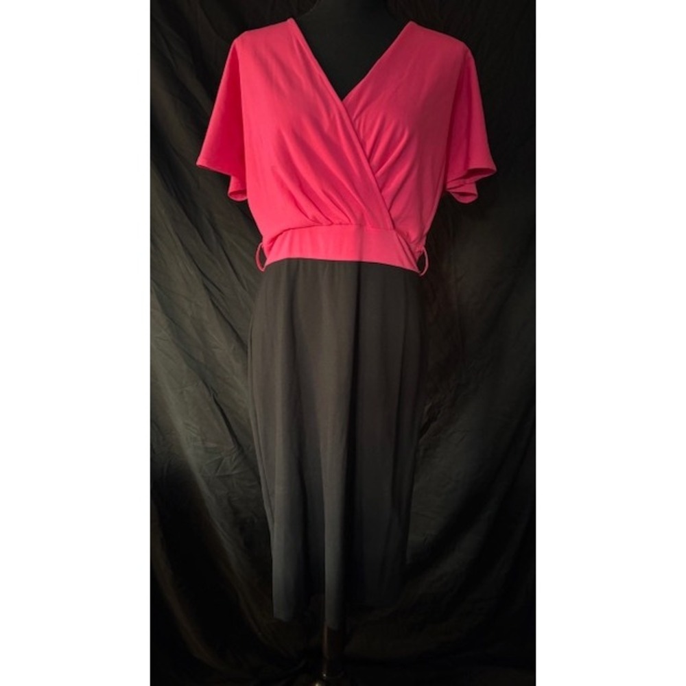 Grace Karin Pink and Black Colorblock Wrap V-Neck Midi Pencil Dress Size L NEW